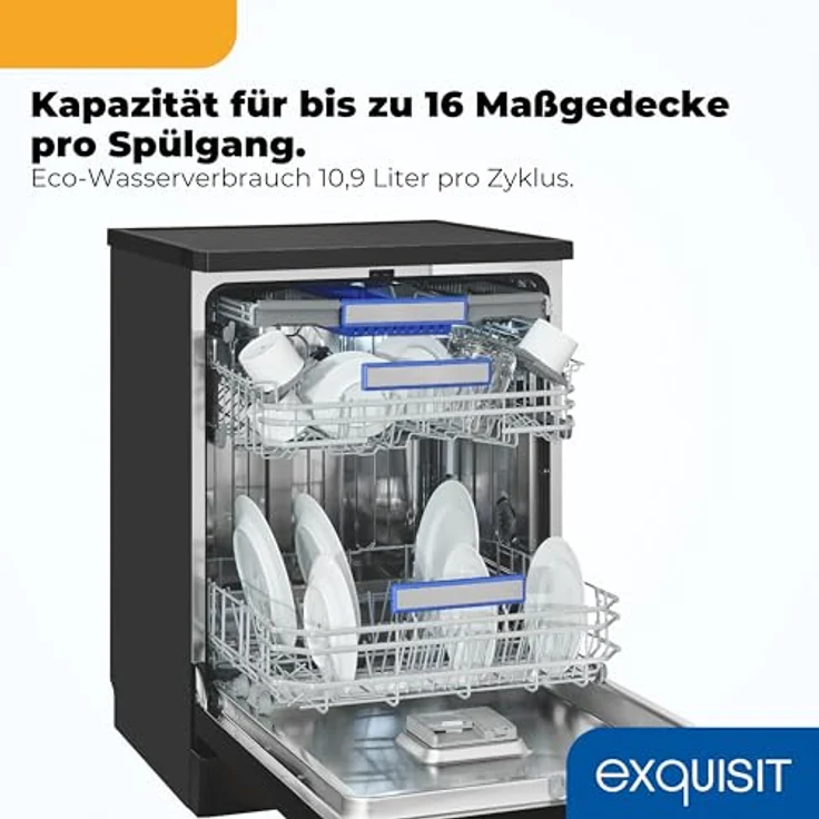 Exquisit GSP9616-450B, Stand-/Unterbau-Geschirrspüler in schwarz, 16 Maßgedecke, Energieklasse B, 45 dB, 8 Programme, Besteckschublade, Halbe Beladung – Bild 5