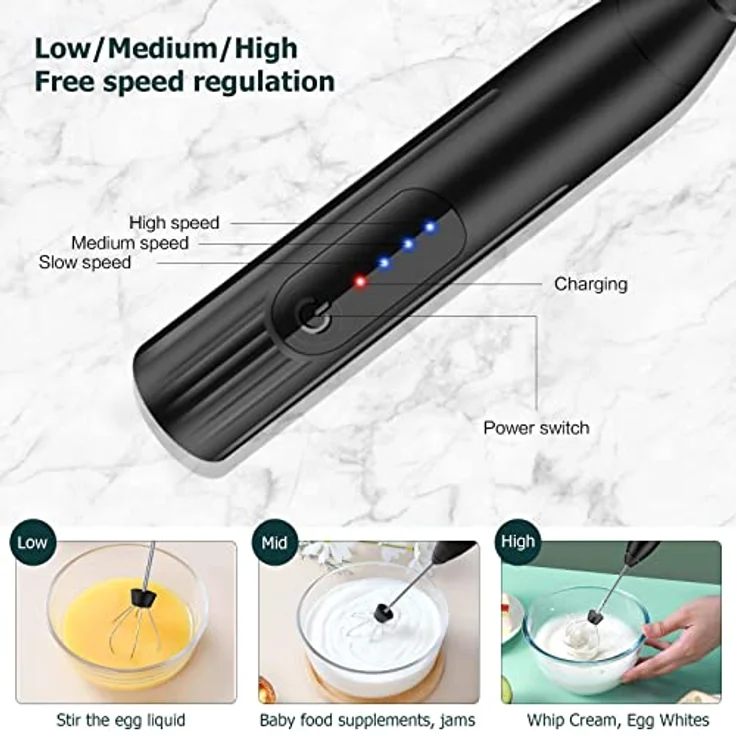 EBUYFIRE Elektrischer Milchaufschäumer, USB wiederaufladbar mit 3 Geschwindigkeiten, Edelstahl, für Kaffee, Cappuccino und heiße Schokolade (Schwarz) – Bild 2