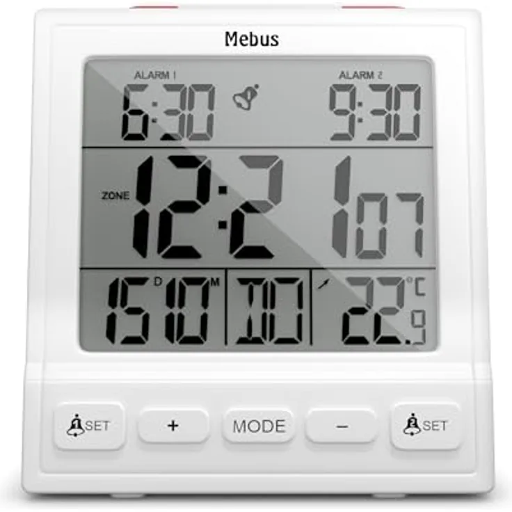 Mebus Digitaler Funk-Wecker mit Thermometer, Datumsanzeige, zwei Weckzeiten, Weckwiederholung, automatische Sommer- und Winterzeitanpassung, Hintergrundbeleuchtung, Weiß