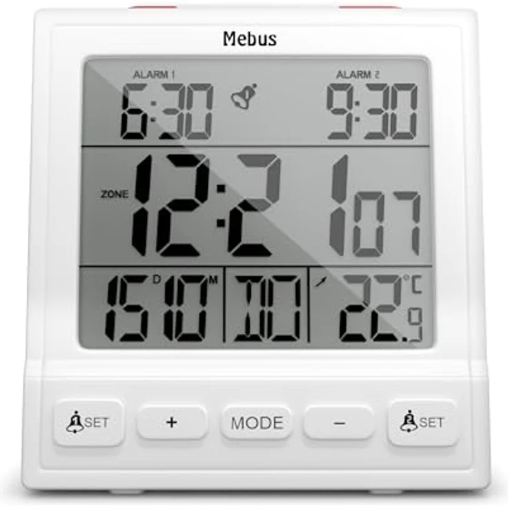 Mebus Digitaler Funk-Wecker mit Thermometer, Datumsanzeige, zwei Weckzeiten, Weckwiederholung, automatische Sommer- und Winterzeitanpassung, Hintergrundbeleuchtung, Weiß – Bild 1