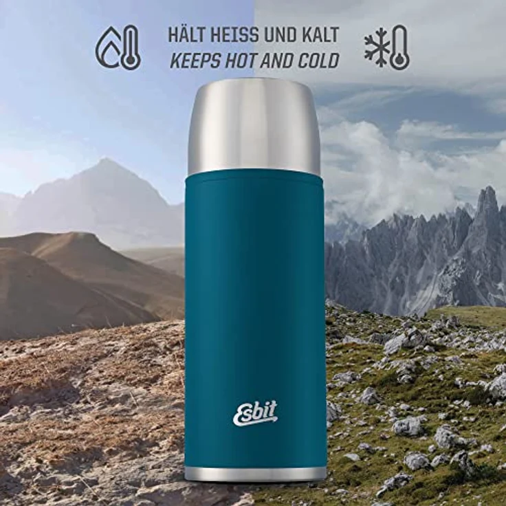 Esbit Edelstahl Isolierflasche Classic 1000 ml in Blau - für warme und kalte Getränke - Edelstahl Thermoflasche mit 2 Bechern – Bild 4