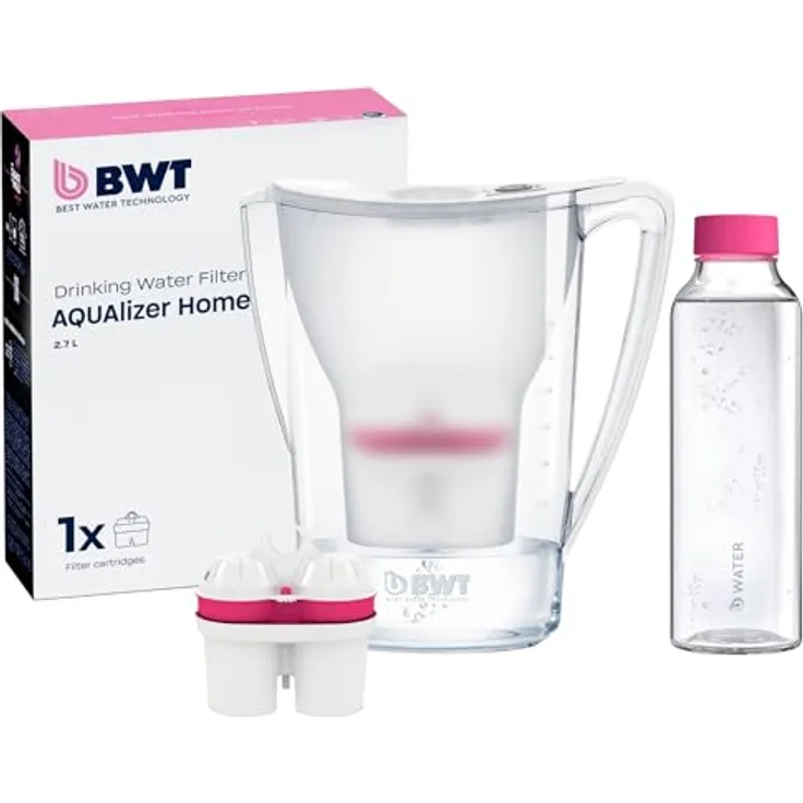 BWT AQUAlizer Home Tischwasserfilter, Weiß/Transparent, mit Magnesium Mineralized Filterkartusche und manuellem Zähler, inkl. 750 ml Glasflasche