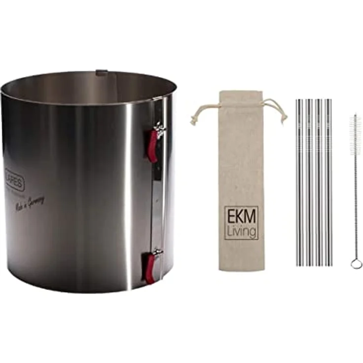 Lares 6018 Tortenring mit Klemmhebel, Durchmesser, Ø 17-30cm Höhe 20 cm + 4er Set EKM Living Edelstahl Strohhalme – Bild 3