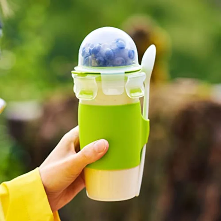 Emsa N1071400 Clip&Go Yoghurt Mug (Fassungsvermögen: 450 ml, Rund, inkl. Löffel und Topping-Fach) transparent-hellgrün – Bild 6