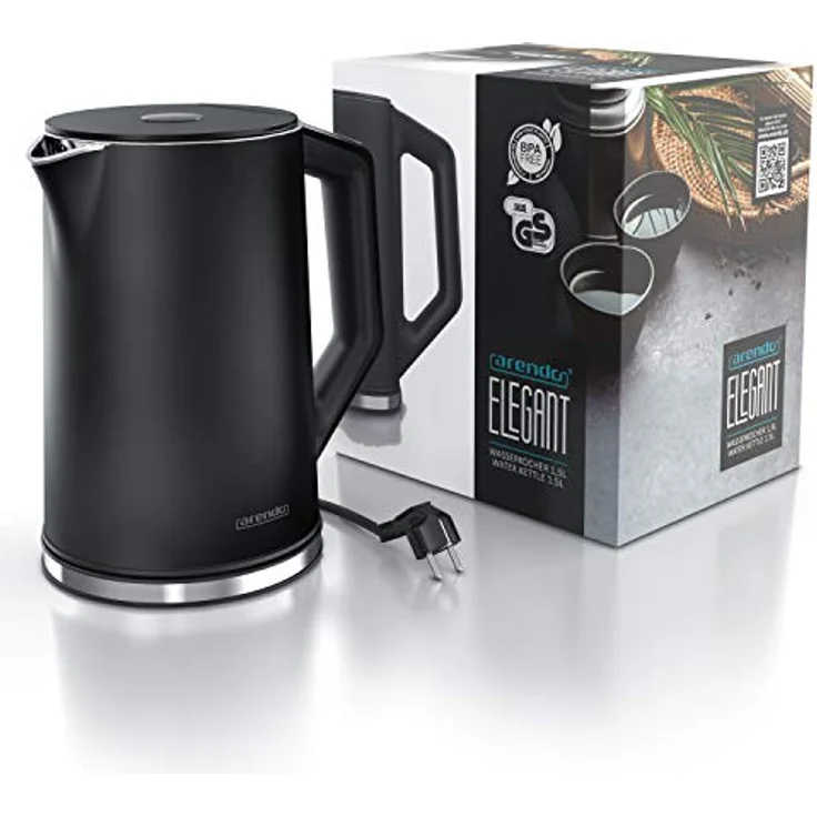 Arendo Edelstahl Wasserkocher mit Temperatureinstellung 40-100 Grad in 5er Schritten - Doppelwand Design - Modell ELEGANT - 1,5 Liter - 2200 W - Teekocher mit Temperaturanzeige - GS - Schwarz – Bild 6