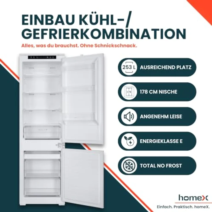 homeX CFBN2531E Einbaukühlschrank mit Gefrierfach, No Frost, 178 cm hoch, 253 l, 37 dB, weiße Front – Bild 2