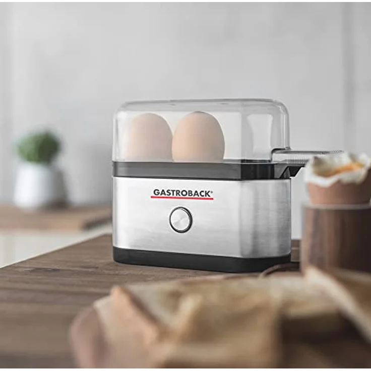 GASTROBACK #42800 Design Eierkocher Mini, für bis zu 3 Eier, inkl. Meßbecher mit Skala, 350 Watt, Schwarz, Edelstahl – Bild 2