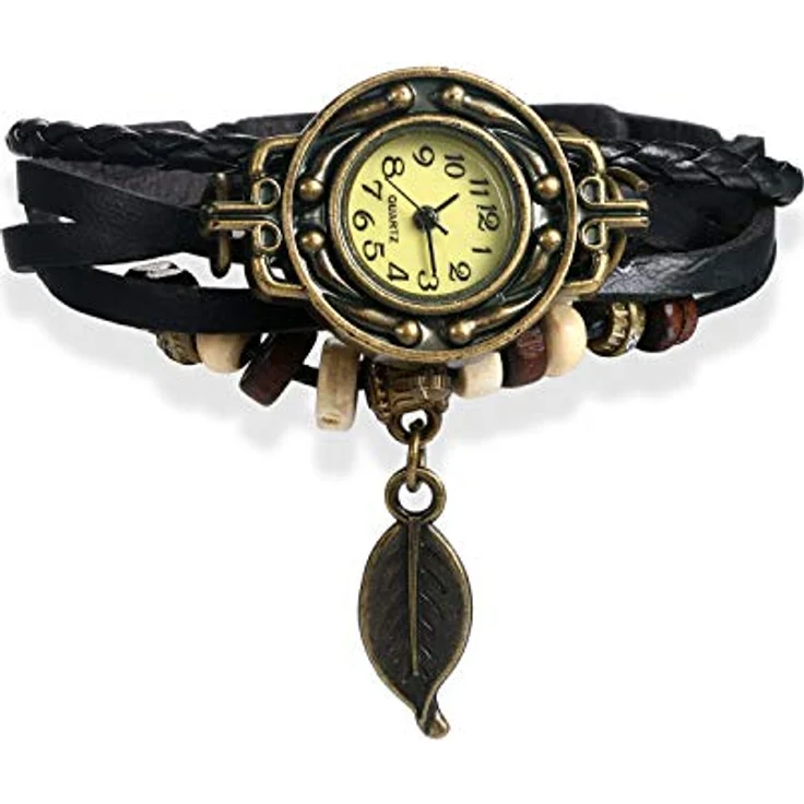 JewelryWe Damen Armbanduhr, Retro geflochtenes Lederarmband mit Baum Blatt Anhänger, Schwarz, Quarzwerk und antikem Metallgehäuse – Bild 1