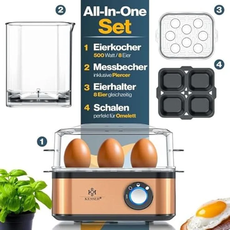 KESSER® Eierkocher NEU 500W für 1 bis 8 Eier aus Edelstahl mit Warmhaltefunktion, LED-Drehschalter, drei Härtegraden, BPA-frei & spülmaschinenfest, inkl. Messbecher, Eierhalter & Kupfer-Omelettschale – Bild 5
