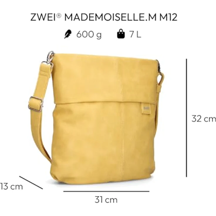 Zwei Mademoiselle.M M12, Umhängetasche in Lemon mit abnehmbarem Schulterriemen und Zipperfach – Bild 2