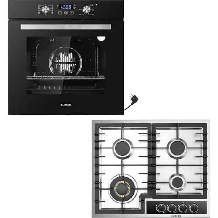 KB ELEMENTS Gas Herdset, 60cm Einbaubackofen mit 4-flammigem Gaskochfeld, VOLLKUPFER-BRENNERN, Edelstahlgehäuse, Kindersicherung, Grill, Heißluft, AQUA CLEAN