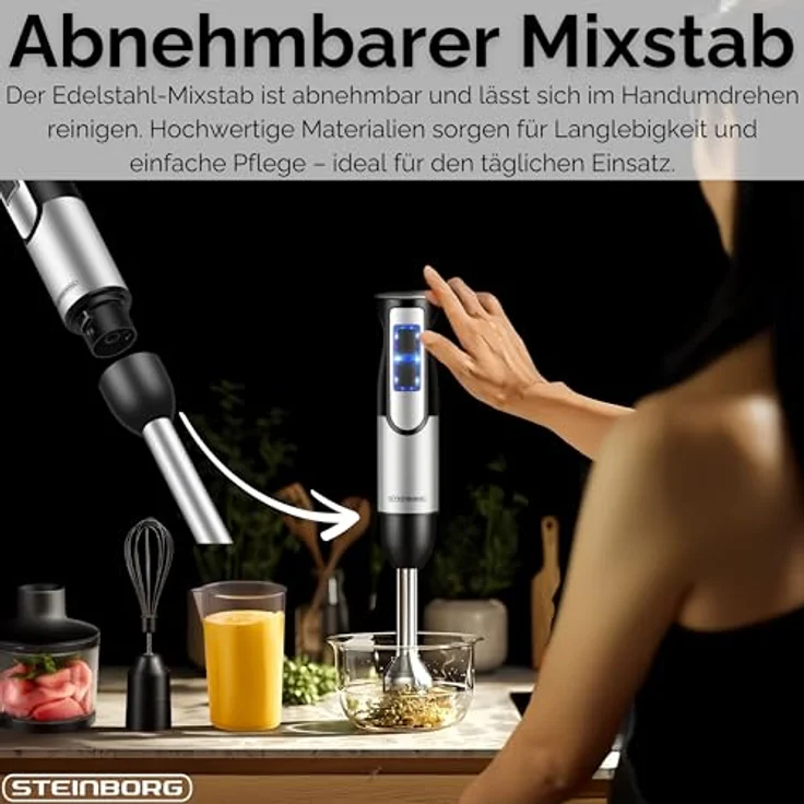 STEINBORG Stabmixer SB-7070, 1500 W, Edelstahl + Kunststoff, 2 Geschwindigkeitsstufen, umfangreiches Zubehör – Bild 4