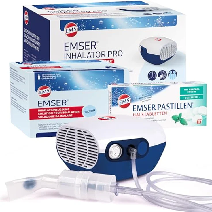 Emser Atemwegs-Gesundheitsset - Emser Inhalator Pro + Emser Inhalationslösung isoton 20 Ampullen + Emser Pastillen Mentholfrische zuckerfrei – Bild 1