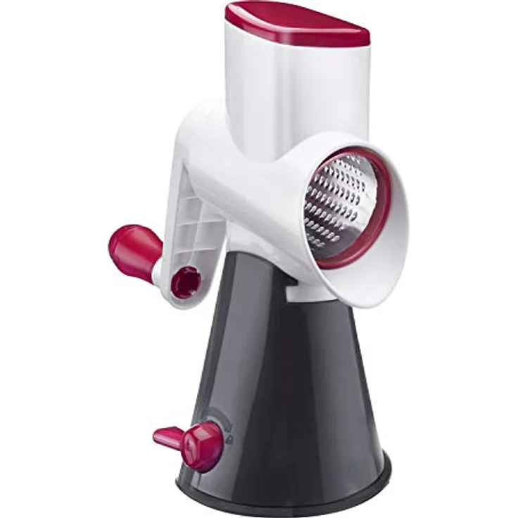 Westmark Reibemaschine mit 3 Schneidtrommeln, Trommelreibe--hobel, Großer Saugfuß, Höhe: 26,5 cm, Kunststoff-Rostfreier Edelstahl, Scharfe Herta, Weiß-Dunkelgrau-Rot, 97022260 – Bild 2