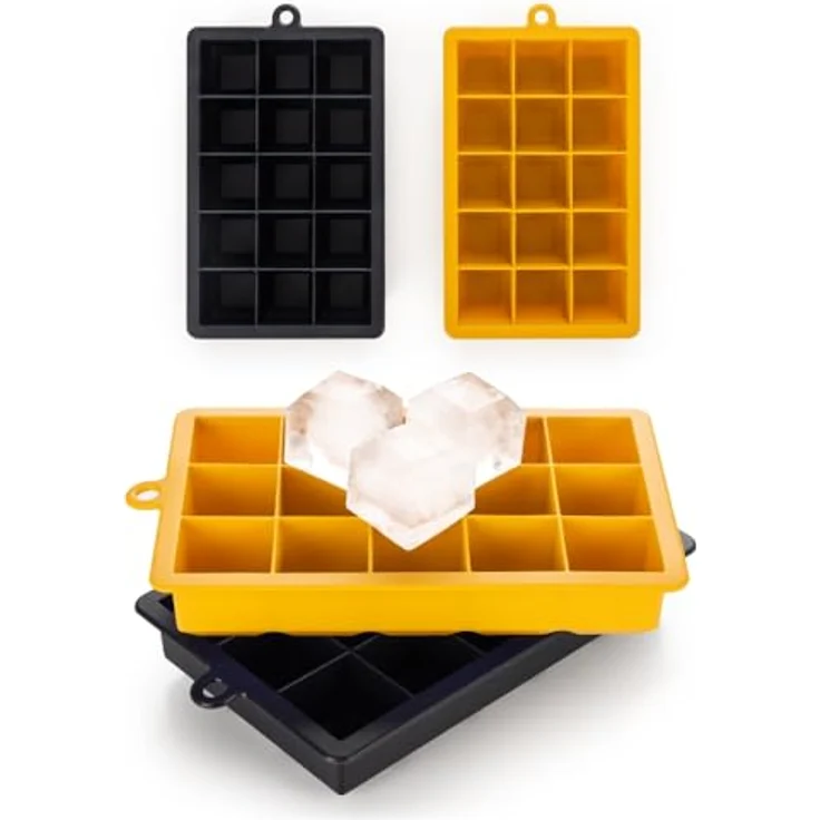 Blumtal Eiswürfelformen Silikon 2x15er - BPA-freie Eiswürfelform für 3,3 cm Eiswürfel - 2 x große Eiswürfelbehälter in Black Blue und Spicy Mustard – Bild 1