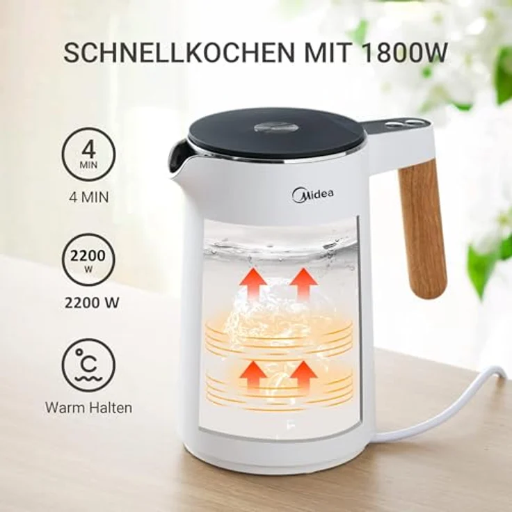 Midea Edelstahl Wasserkocher M1, Teekocher mit Temperatureinstellung 45℃-100℃, 1,5L, 2200W, mit Temperaturanzeige, Sicherheitsfunktionen und Doppelwand-Design, weiß – Bild 2