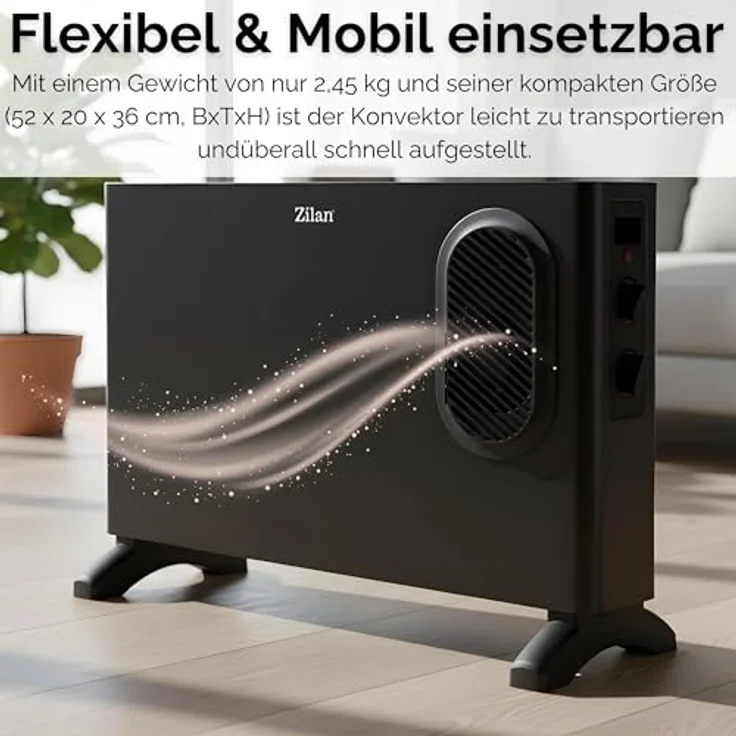 Zilan Elektro Konvektor 1250/2000 Watt, tragbare Elektroheizung mit 2 Heizstufen, Thermostat und Überhitzungsschutz, kompakt und flexibel einsetzbar – Bild 6