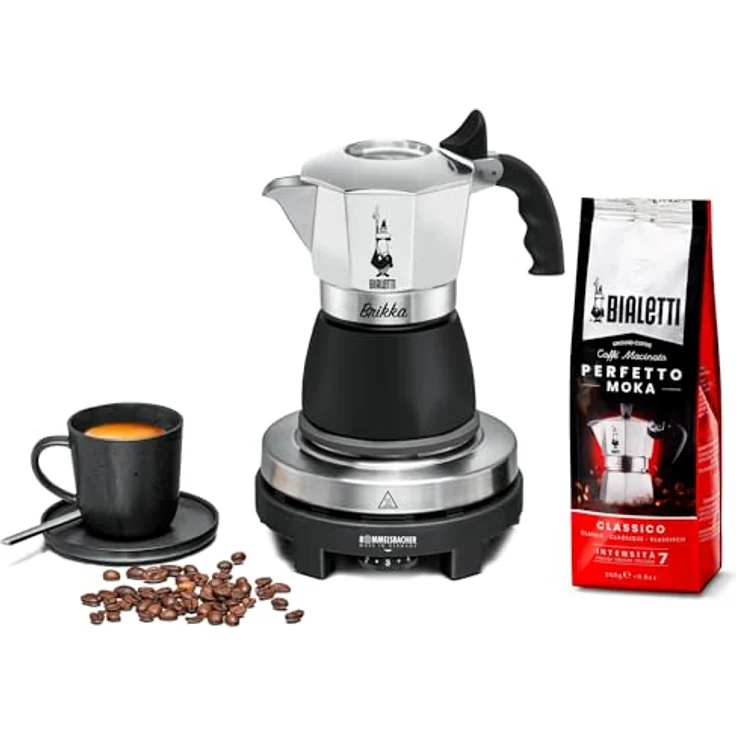 Rommelsbacher Espresso Geschenkset RK 505/K-Mini Kochplatte, 80 mm Ø, stufenlos regelbar, Original Bialetti Moka Kanne, 90 ml, Brühsystem für Crema-Bildung, inkl. 100 g Moka gemahlen, Schwarz/Silber – Bild 1