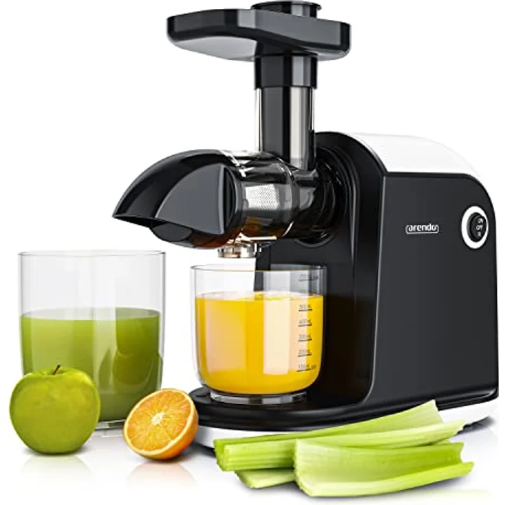 Arendo - Slow Juicer Entsafter Edelstahl - für Gemüse und Obst - Saftpresse elektrisch - 150W – 700 ml Saftkanne – 1,5 l Restebehälter – mit Reinigungsbürste – Sicherheitsverschluss - weiß-schwarz – Bild 1