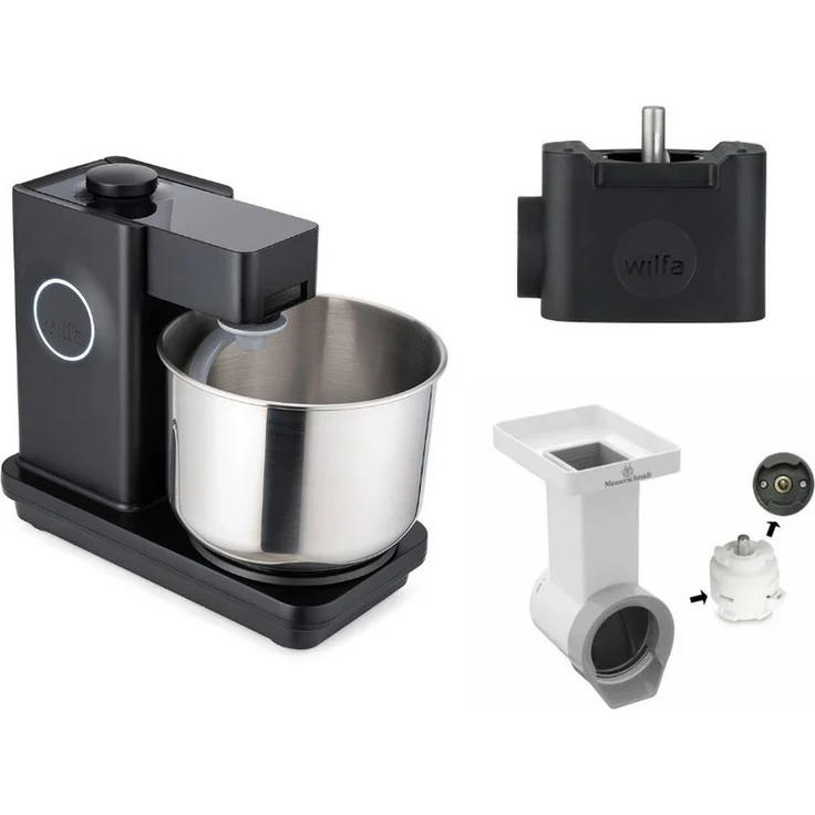 Wilfa Probaker KM1B-70 Küchenmaschine, 700 W, 7 L Edelstahl-Schüssel, schwarz mit Tool Adapter und Messerschmidt Gemüseschneider