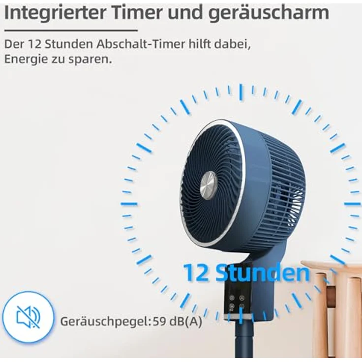 Be Cool Design-Standventilator 26cm, 50 Watt, 3D-Oszillation, höhenverstellbar 80-105 cm, 12 Std. Timer, Aromabox, mit Fernbedienung, blau – Bild 5