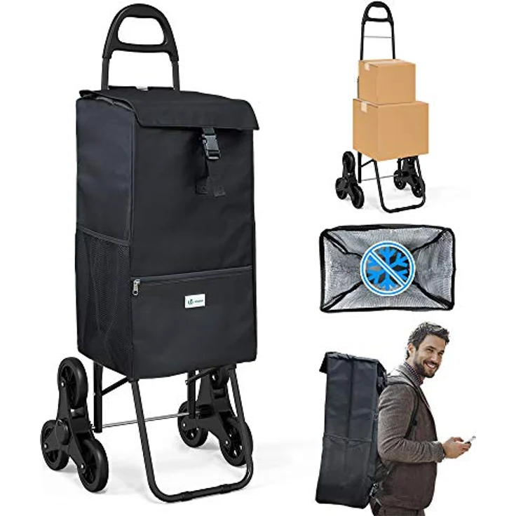 VOUNOT Einkaufstrolley Treppensteiger mit Kühlfach, Einkaufswagen Klappbar mit 3 Räder, 40 L, Schwarz – Bild 1