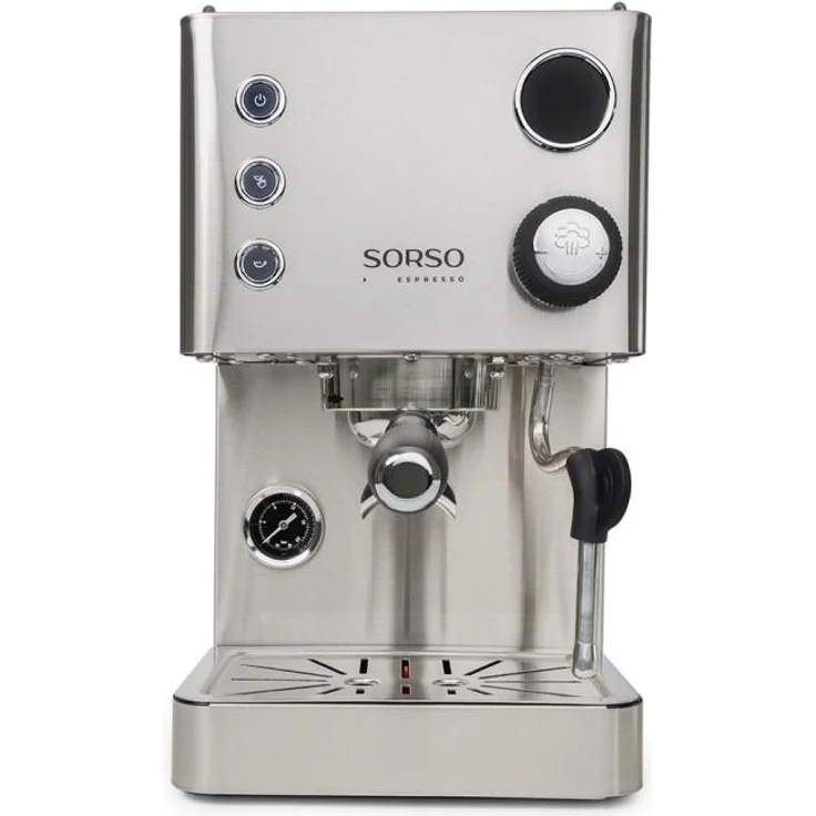 SORSO Espresso Siebträgermaschine, Edelstahl, halbautomatisch mit 550-ml-Kessel, PID-Temperaturregelung und digitalem LCD-Display