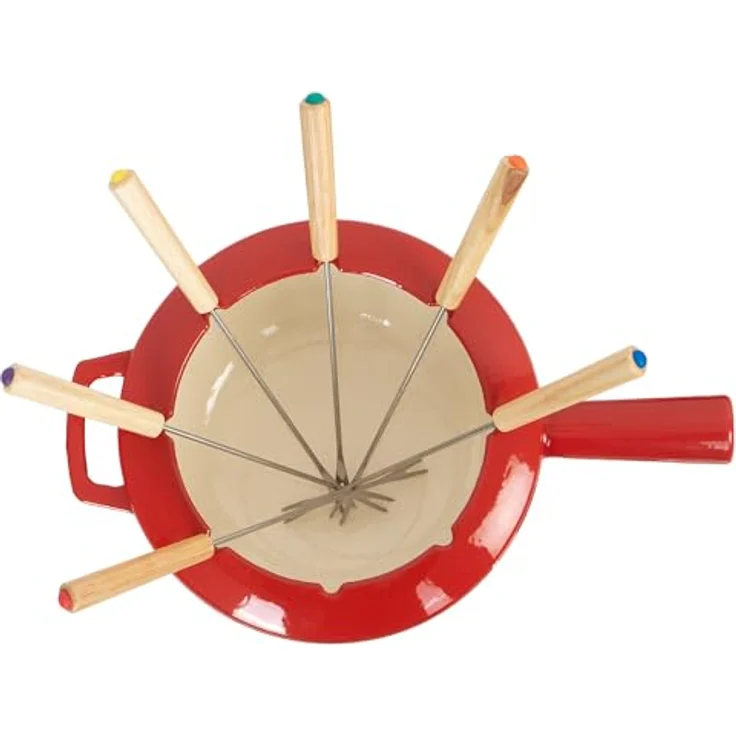 Mahlzeit Gusseisen Fondue Set für 6 Personen | 2 Liter | Fondueset 13 teilig mit Brenner und Gabeln | Fondue-Set, Käsefondue Set, Fleischfondue Set, Schokofondue Set (Rot emailliert) – Bild 4