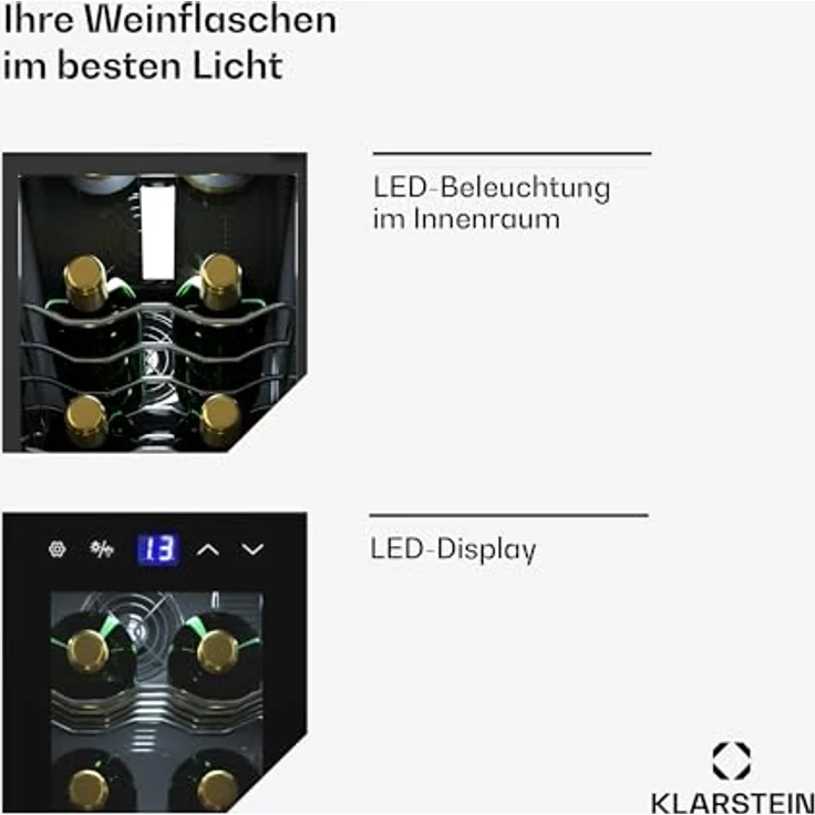 Klarstein Shiraz 14 Slim Uno, Weinkühlschrank für 14 Flaschen, 5 - 18 °C, Touch-Control, kompakt, verchromte Regale – Bild 4