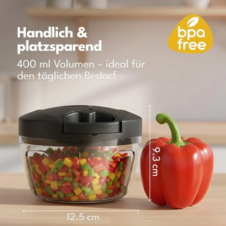 Lebenlang Manueller Zerkleinerer, 400 ml, mit Edelstahlklingen, spülmaschinengeeignet, BPA-frei, rutschfeste Basis – Bild 2