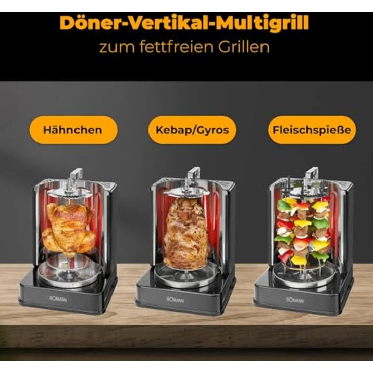 Bomann DVG 3006 CB 3in1 Döner--Hähnchen und Schaschlik-Vertikal-Multigrill, perfekte Grillergebnisse durch gleichmäßige Hitzeverteilung, Edelstahl-Fettauffangbehälter, 1400 Watt, Schwarz – Bild 2