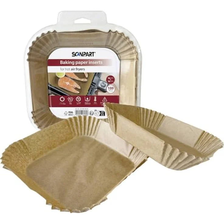 Scanpart Backpapier für Heißluftfritteusen, 16x16 cm, hitzebeständig bis 220°C, antihaftbeschichtet, 100 Stück, braun – Bild 2