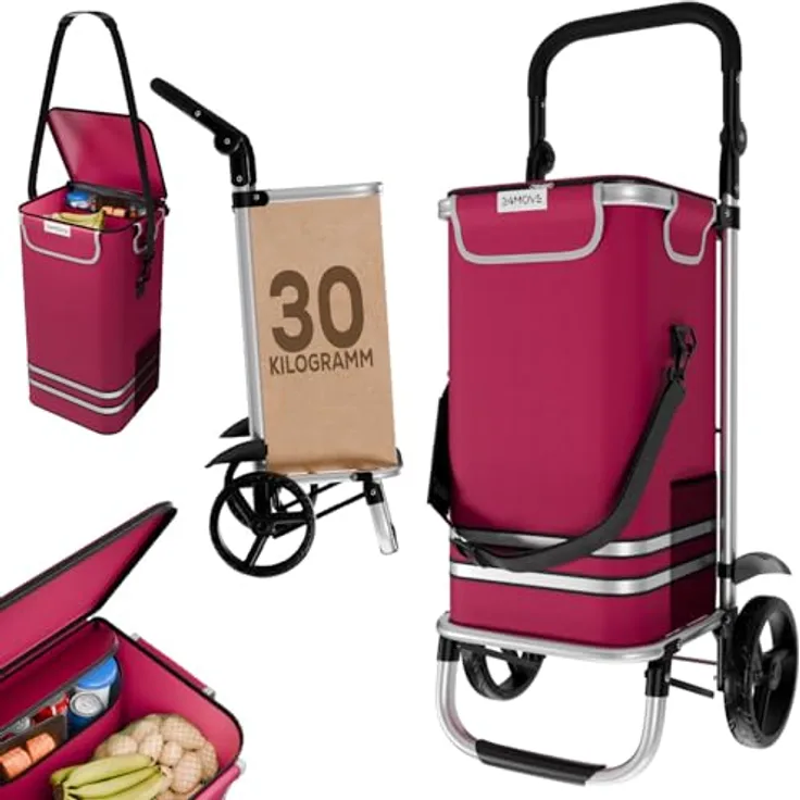 24MOVE® Vehlo Einkaufstrolley klappbar mit 55L Kühlfach, faltbarer 3in1 Trolley - Sackkarre und Tasche, bis 30kg belastbar, rot
