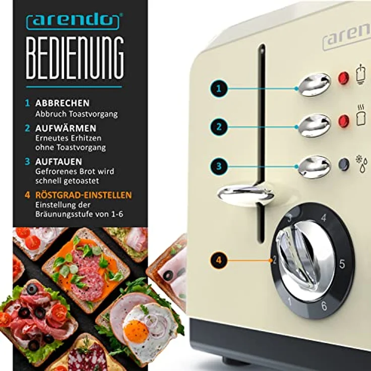 Arendo BREAKFAST X2 Automatik Toaster 4 Scheiben - Edelstahlgehäuse - Bräunungsgrad 1-6 - Aufwärm- und Auftaufunktion - Krümelschubladen - 1630 Watt - GS-Zertifiziert – Bild 3