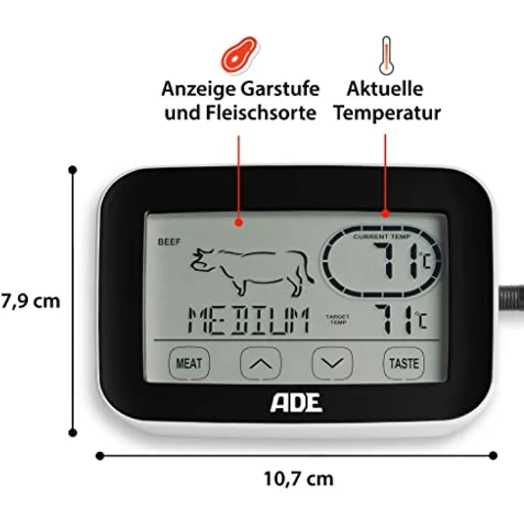 ADE BBQ 1408 Funk-Bratenthermometer. Digitales Grill-Thermometer mit Touch-Display, Funkempfänger, Messgabel aus Edelstahl. Elektronisches Ofenthermometer für den perfekten Garpunkt. Inkl. Batterien – Bild 6