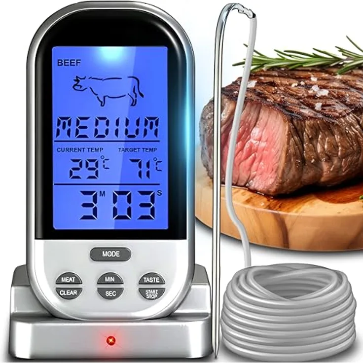 Retoo Grillthermometer Digitales Thermometer Kabellos, Bratenthermometer, Fleischthermometer Ofenthermometer für Grill, Backen, Braten, BBQ, Temperaturbereich bis 250°C, Ofensonde 1M