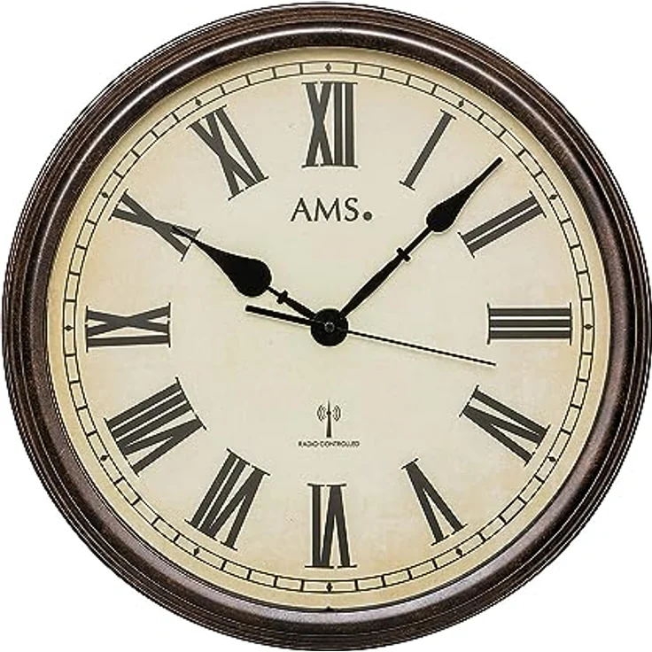 AMS. Funk-Wanduhr Villach 5977, Vintage, antikes Metallgehäuse, groß, für Wohnzimmer, Schlafzimmer, mit Mineralglas – Bild 1