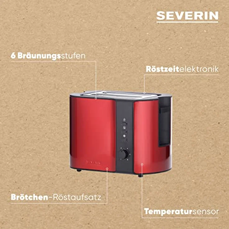SEVERIN AT 2217 Automatik-Toaster (ca. 800 W, Für 2 Scheiben, Integrierter Brötchen-Röstaufsatz) fire red metallic -schwarz – Bild 4