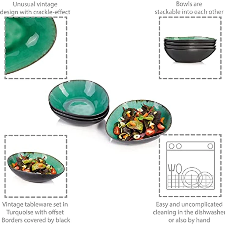 SÄNGER Salatschüssel Palm Beach, Steingut, 4-tlg. Set mit Krakellee-Effekt und Vintage Design, türkis/braun – Bild 5