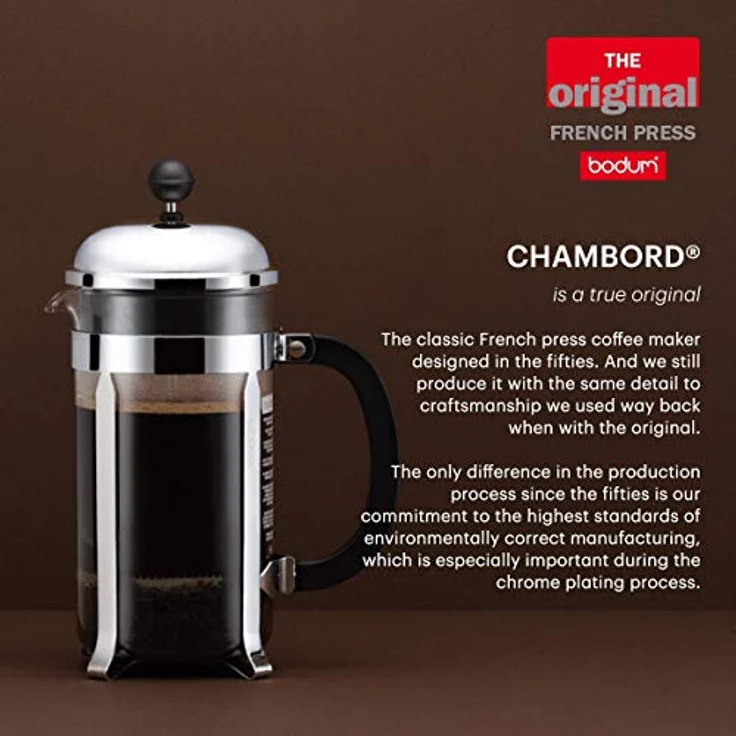 Bodum Chambord Kaffeebereiter 8 Tassen mit Metallrahmen, Chrom, Schwarz, 10.6 x 17.1 x 24.5 cm – Bild 7