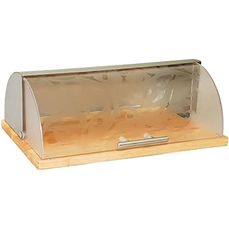 Maestro MR-1670S Brotkasten, Schiebedeckel, Brot-und Gebäckaufbewahrungsbehälter, Elegantes Design, Edelstahl, Acryl, Bread Box, Durchsichtig/Holz, 39 x 26 x 15 cm