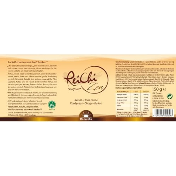 ReiChi Zen Dr.Jacob's Pulver, 150 g, veganer Pilzmix mit Reishi, Chaga, Cordyceps, Lions Mane, Guarana & Kakao ohne Zusatzstoffe & Zucker – Bild 5
