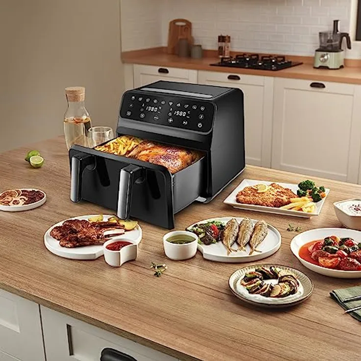 KARACA Karaca Multifry XXXL 9 Liter Digitaler Einkammer-Trennwand Glas-Fenster Airfryer, Doppel-Fritteuse, Heißluftfritteuse, 360-Grad-Luftzirkulationstechnologie, 8 Garfunktionen mit Garzeit, 1700 W