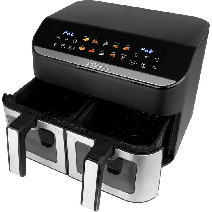 Gastroback Heißluftfritteuse 42586 Multi-Heißluftfritteuse Duo Family 9 L, 2900 W, Edelstahl, 10 Automatik-Programme, Touchscreen-Farbdisplay, Dual-Frittierkörbe