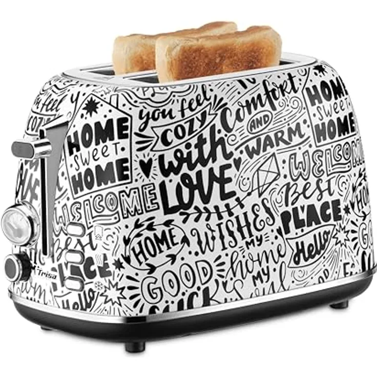 Trisa Home Sweet Home 2-Schlitz-Toaster, 815W, 6 Bräunungsstufen, Krümelschublade, weiß mit Print