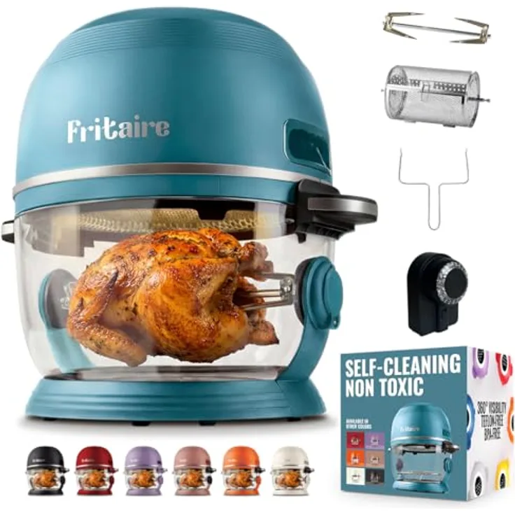 Fritaire Carbon8, Heißluftfritteuse mit selbstreinigender Glasschüssel und 6 One-Touch-Kochfunktionen, inklusive Drehspieß und Zubehör