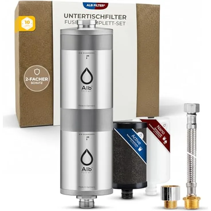Alb Filter Fusion Untertisch-Wasserfilter Active und Nano, Doppelstufen-Filtration, 0,1 Mikrometer Hohlfasermembran, Legionellen- und Bakterienschutz, inkl. Standard-Anschluss-Set und Protect Vorfilter