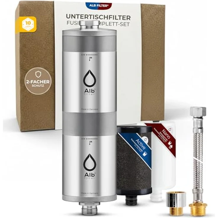 Alb Filter Fusion Untertisch-Wasserfilter Active und Nano, Doppelstufen-Filtration, 0,1 Mikrometer Hohlfasermembran, Legionellen- und Bakterienschutz, inkl. Standard-Anschluss-Set und Protect Vorfilter – Bild 1