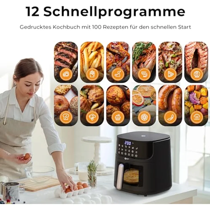 Balter Heißluftfritteuse Airfryer, 5,5 L, Friteuse Heissluftfritteuse XXL mit Sichtfenster, 12 Programme, inkl. 100 Rezepte, HL-551T, fettarm und leicht zu reinigen – Bild 5
