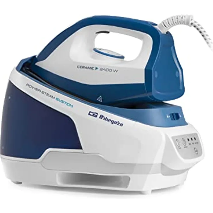 Orbegozo VP 8600 - Bügelzentrum für Dampfbügeleisen, Trocken- und Dampfbügeleisen, 2 Betriebsmodi, Selbstreinigungsmodus, Temperaturregler, Abnehmbarer Wassertank 2 l, 2400 W, Weiß und Blau
